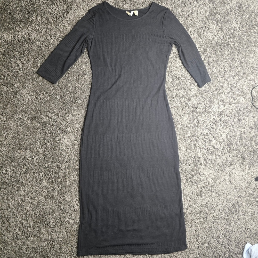 Roxy Black Ribbed Bodycon Midi Dress 3/4 Sleeve Scoop Neck Size Medium